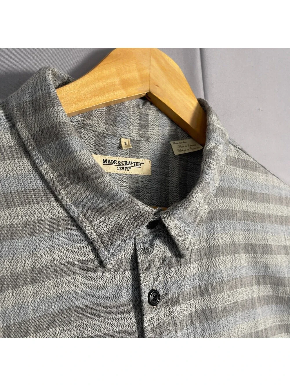 Levi's Made & Crafted Mens Size 3 L Gray Plaid Herringbone Long Sleeve Shirt